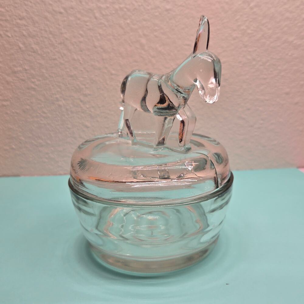 Vintage Jeannette Glass Clear Donkey Powder Jar Lidded Vanity Trinket Candy Dish